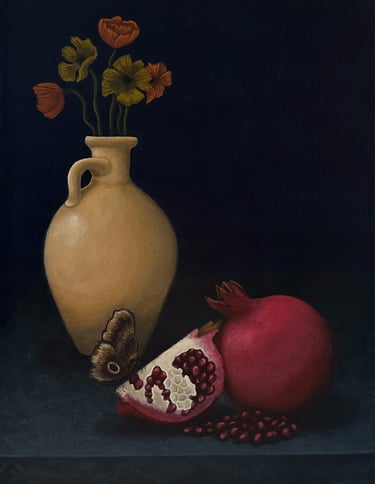 Still life painting of a vase with flowers, a pomegranate and a moth on a table