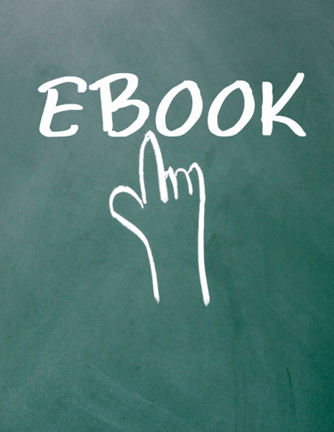 "Illustration d'une main pointant vers le mot 'EBOOK' écrit en blanc sur un fond vert.