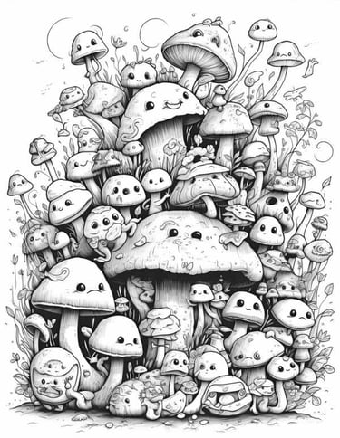 Mushroom Family coloring page detailed adult coloring book
