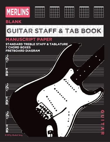Cover of Merlins Guitar Staff & TAB Book -100 Blank Manuscript Music Pages with Staff and TAB lines