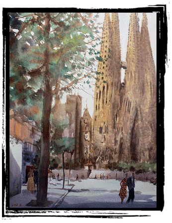 watercolor strolling under sagrada familia