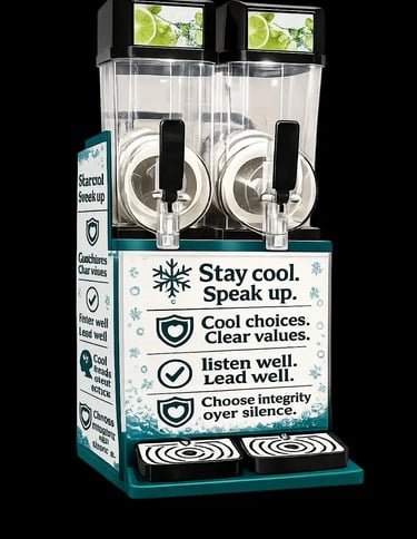 Dual bowl frozen drink slushie machine with lime graphics and motivational integrity quotes on a teal stand.