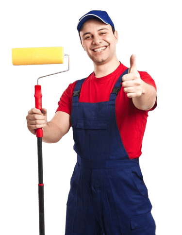 a man in overalls and a hat with a paint roller