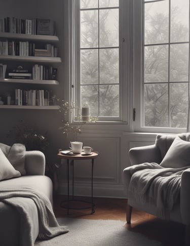 A cosy fireplace with a chair in front of it with an open book on the table beside it - light orange