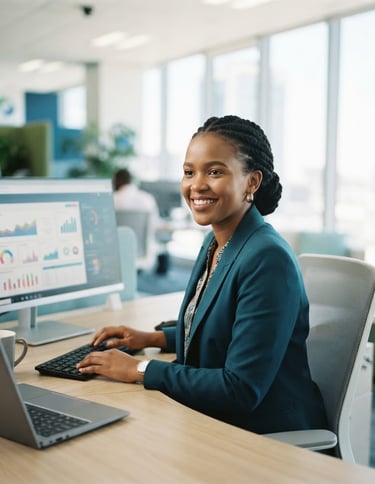 Professional Batswana woman in a modern office, smiling confidently, digital interface on screen, bright natural daylight, clean corporate blue and green tones, shallow depth of field, 35mm