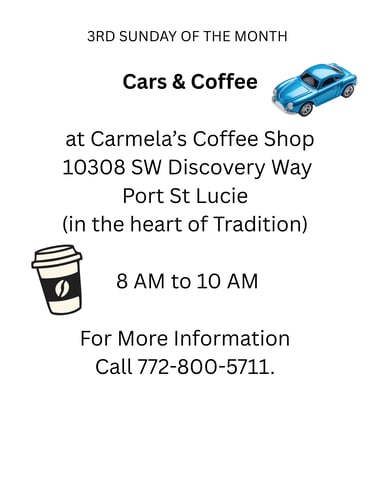A flyer for a coffee and cars meet-up in Port St. Lucie, FL