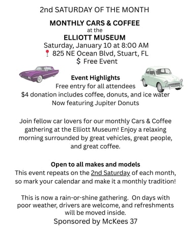 A flyer for a monthly cars and coffee event in Stuart FL 
