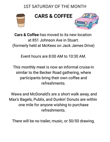 a flyer for a cars and coffee event at 851 Johnson Ave, Stuart FL