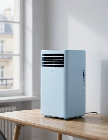 Elegant minimalist mobile air conditioner placed near a sleek wooden desk in a bright Parisian apartment, soft cool daylight, slate and ice-blue tones, 35mm