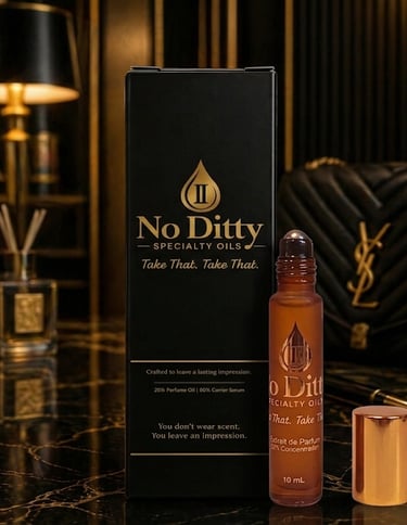 No Ditty 25% Extrait/Parfum | Pure oil roll-on bottle and packaging display, featuring Jojoba oil base and luxury branding.