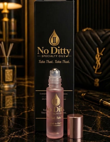 No Ditty 25% Extrait/Parfum | Pure oil bottle and packaging display, featuring Jojoba oil base and luxury branding.