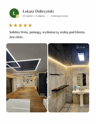 Modern interior lighting installation featuring geometric LED ceiling lights and bathroom accent strips.