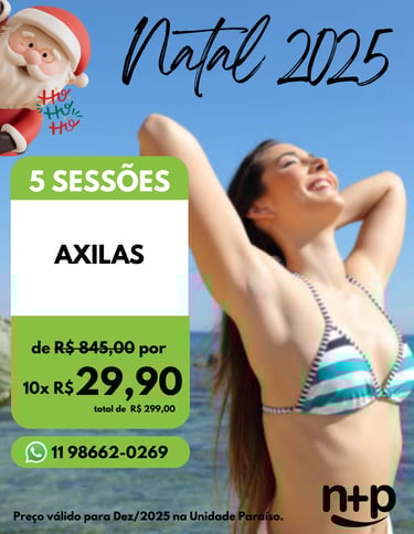 Promoção de depilação a laser feminina: 5 sessões de axila por 10x de 29,90.