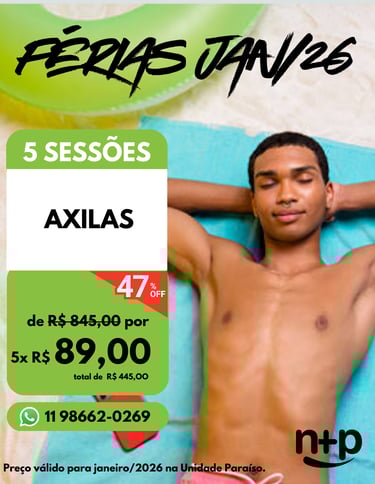 Promo Férias Jan/2026: 5 sessões de depilação de axilas masculinas com 47% de desconto.