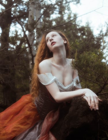 Photo portrait d'une femme en robe de princesse perchée sur un rocher
