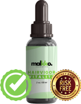 Malkko Hairvigor Vitality hair growth serum in a dropper bottle with a risk-free money-back guarantee.