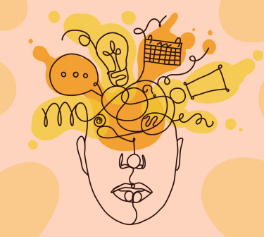 Illustration of person with their head full of different thoughts and ideas
