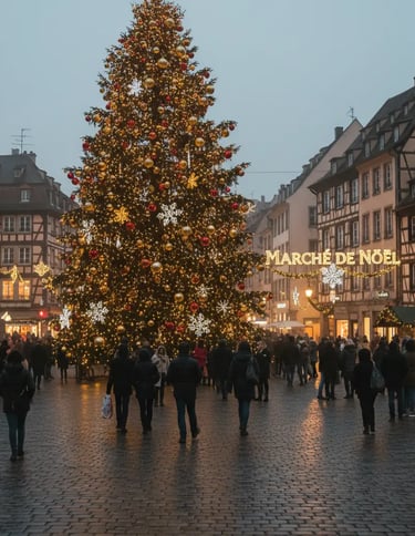 he large, magnificent Christmas tree of Strasbourg (Le Grand Sapin) covered in warm lights, surround