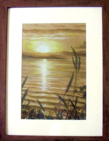 Sunset over Shetland Isles. Fading rays of sunlight reflected in rippling waves. Soft pastel.