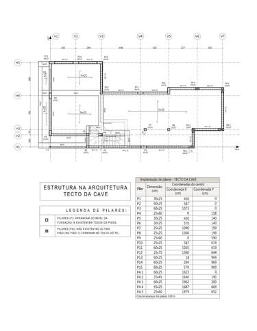 Moradia em Sintra. Projeto de Estruturas e Fundações. Planta da Estrutura na Arquitetura. Tecto da Cave.