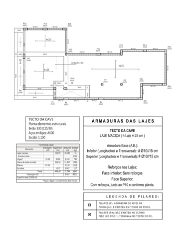 Moradia em Sintra. Projeto de Estruturas e Fundações. Planta Estrutural do Tecto da Cave.