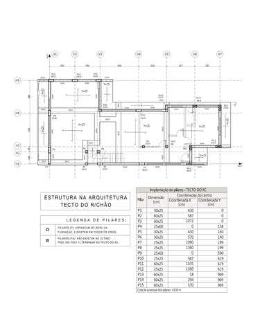 Moradia em Sintra. Projeto de Estruturas e Fundações. Planta da Estrutura na Arquitetura. Tecto do Rés do Chão.