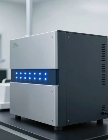 Photography of a high-tech lab setting in North America, clean white walls, focused on a sleek piece of equipment with glowing blue LED indicators.