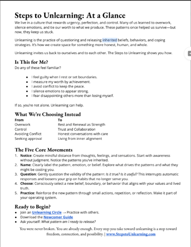 "Unlearning Circles | Register Here." It discusses recognizing feelings like guilt when resting, avo