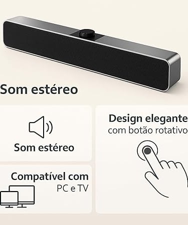 Sleek computer soundbar with volume knob featuring stereo sound for PC and TV.