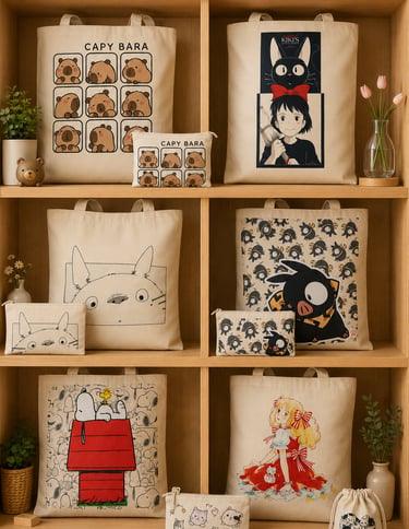 exhibición de bolsos tote bags y estuches de lona con motivos anime, Candy, Snoopy, Totoro, PChan