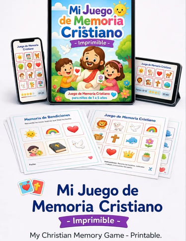 Printable Christian memory game for kids featuring Bible-themed matching cards on tablets and paper.