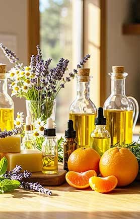Sunny table covered with Bee's Balm ingredients, Beeswax, Olive, Almond, & Apricot Kernel Oil flower