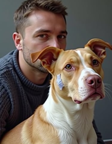 Mann hält einen hellbraunen Hund mit kleinem Wundverband am Gesicht