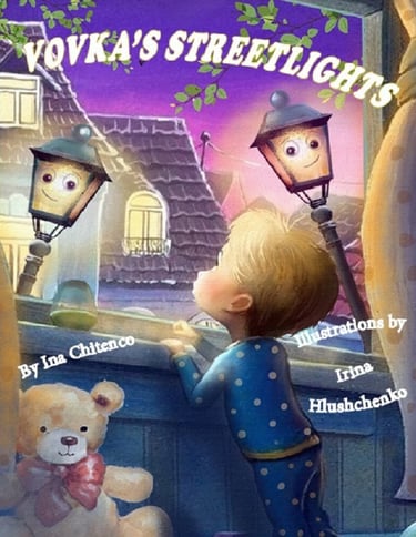 Vovka's Streetlights book cover showing a boy in pajamas, a teddy bear, and two smiling streetlights
