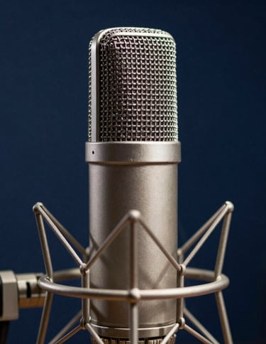 A close-up photograph of a premium condenser microphone in a professional studio setting in Southern Europe. The lighting is cinematic and focused, highlighting the metallic textures against a dark navy blue background. Professional excellence and sophistication.