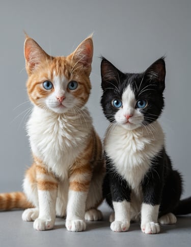 Two kittens one is orange the other black and white