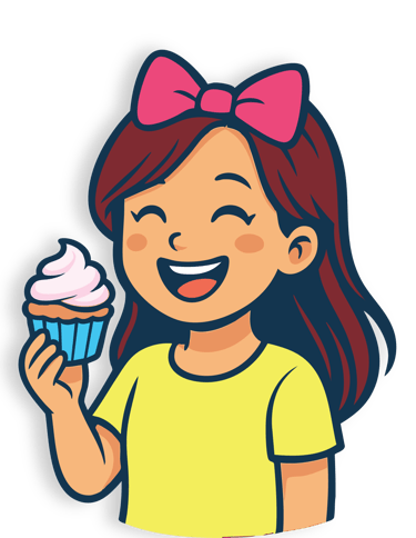 Carton girl laughing holding a cupcake to her face