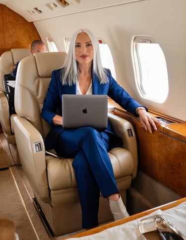 Luxury travel format creator in tailleur bluette, su jet privato con laptop.
