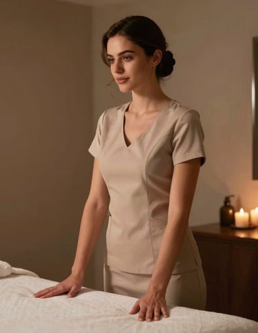 A serene massage room with dim lighting and elegant dark tones.