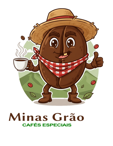 um grão de café com chapeu de palha e um cachecol e botina segurando uma xícara de café da montanha