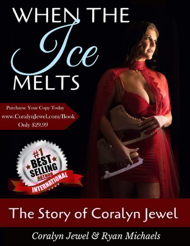 Coralyn Jewel's book cover looking out a window holding ice skates & wearing red satin dress .