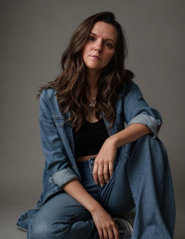 eine selbstbewusste Brünette Frau im Jeans Look