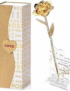 Gold-dipped 24K rose displayed in a clear stand, elegant luxury gift piece.