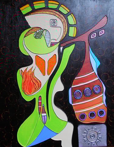 Replica, abstracted femininity using vibrant coloured shapes of a women with child., by Kristina Lee
