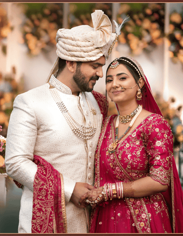 "Traditional Indian wedding photo of a smiling bride in a red and gold embroidered lehenga, & groom