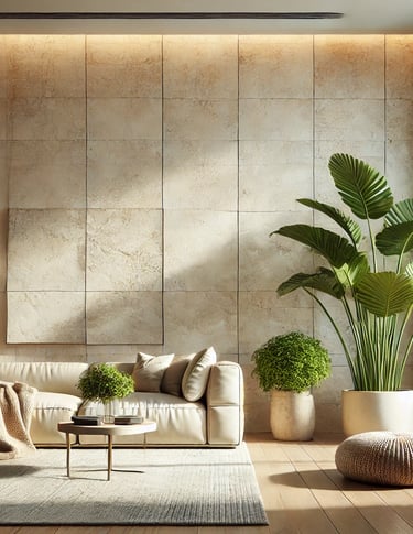 Trawertyn na ścianie w salonie jasny kremowy kamień naturalny