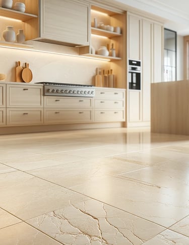 Trawertyn w kuchni bardzo jasny Bianco, kamień naturalny ivory