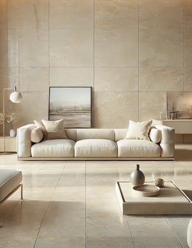 Trawertyn na ścianie w salonie jasny ivory Bianco odcień włoski kamień naturalny