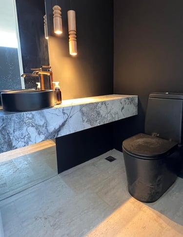 a toilet with a black toilet and a sink