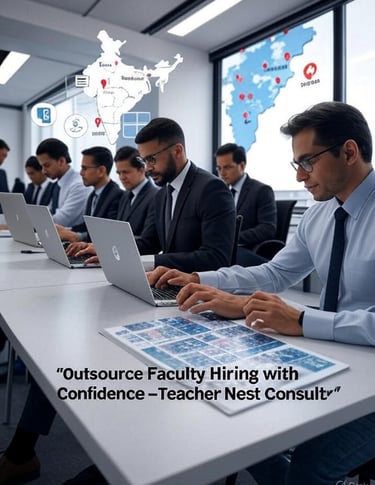 Illustration of two professional recruiters from Teacher Nest Consultancy reviewing faculty resumes